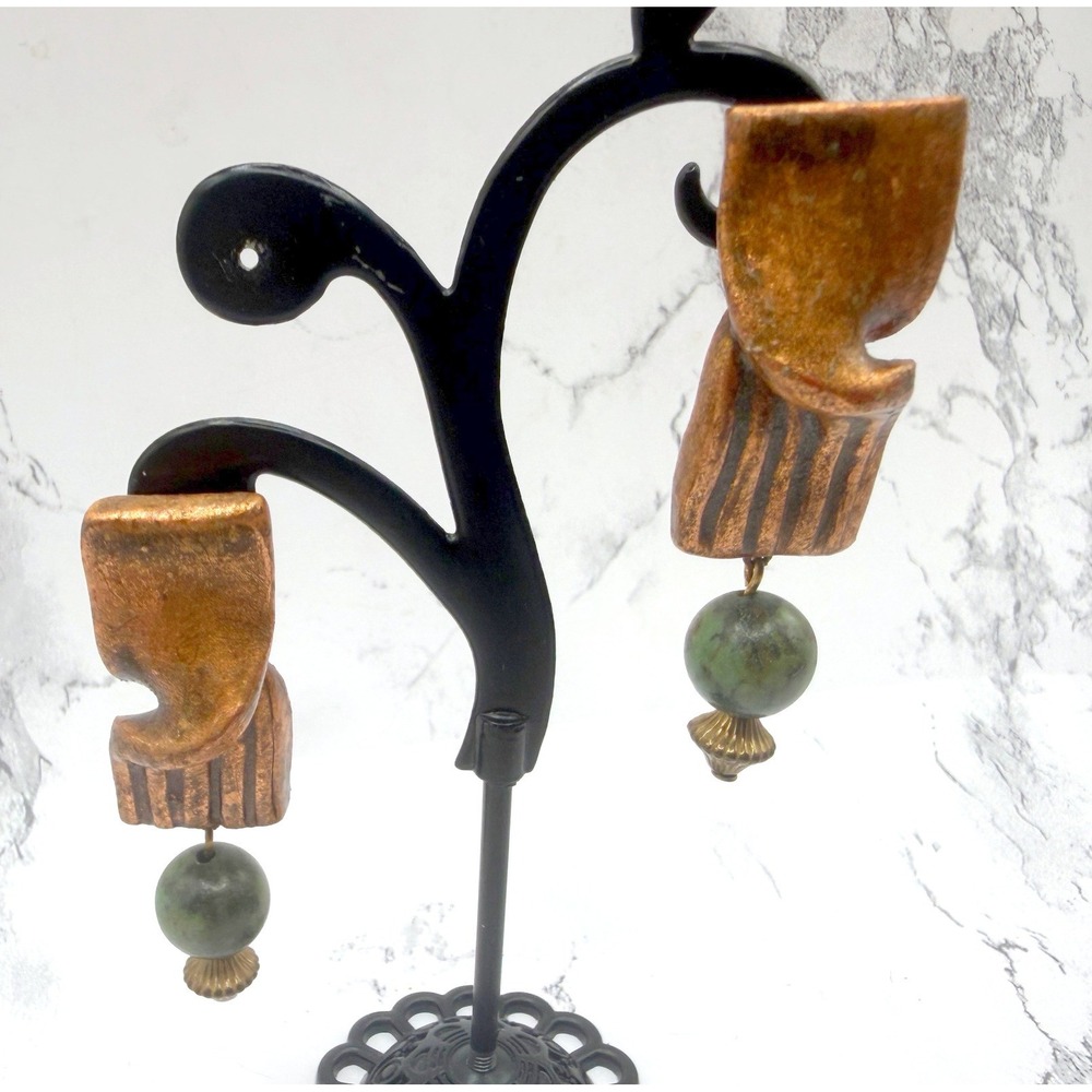 Artisan Abstract Dangle Earrings Green Glass‎ Beads Copper Tone 2.25"